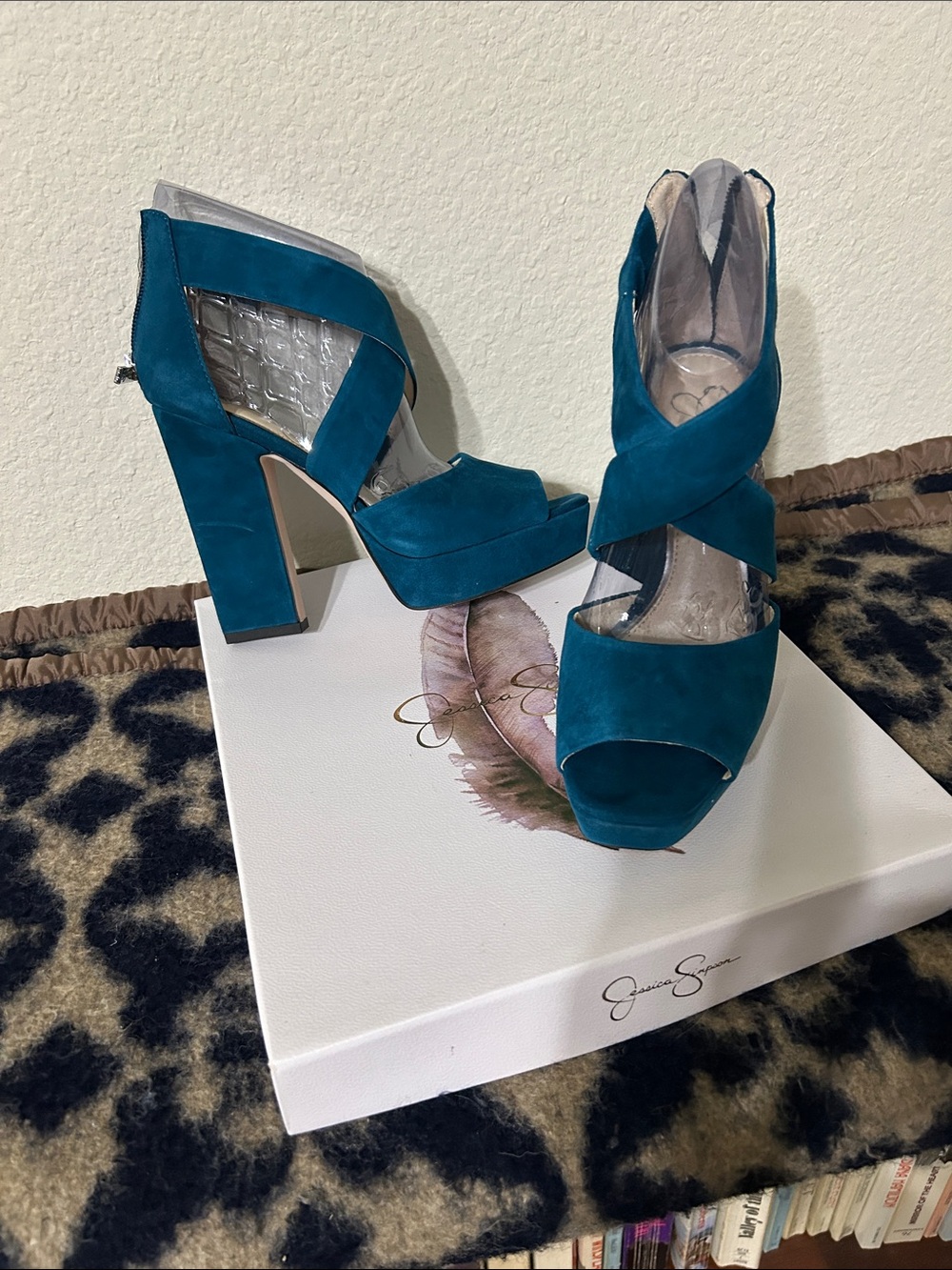 Jessica Simpson Teal Crisscross Suede Platform Heel Sandals